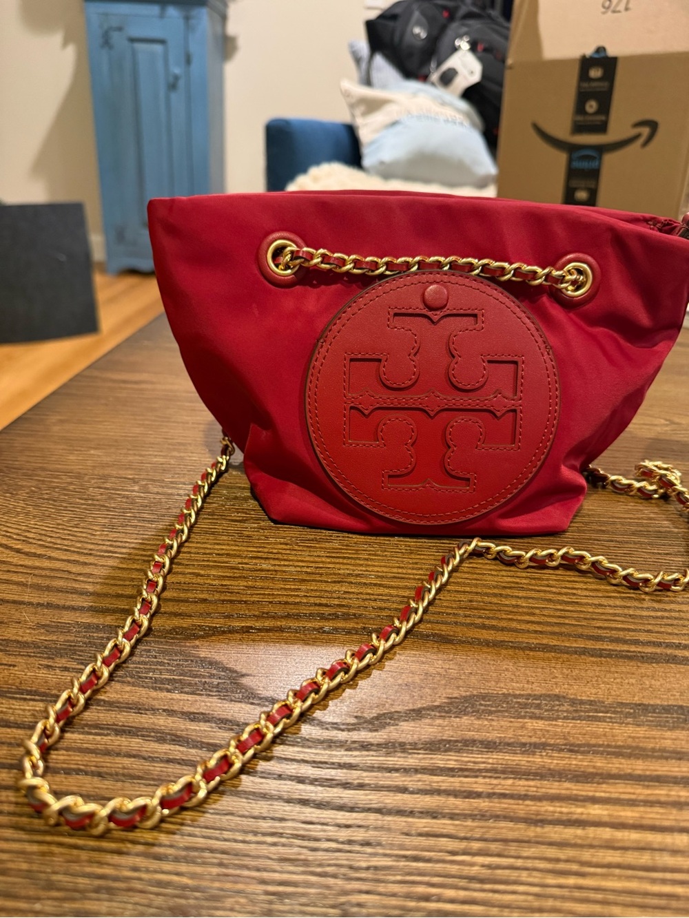 Tory Burch Red Nylon Crossbody with Gold Chain